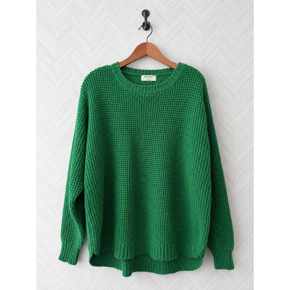 Zenana Crewneck Sweater Curved Hem Oversized Green Large EUC